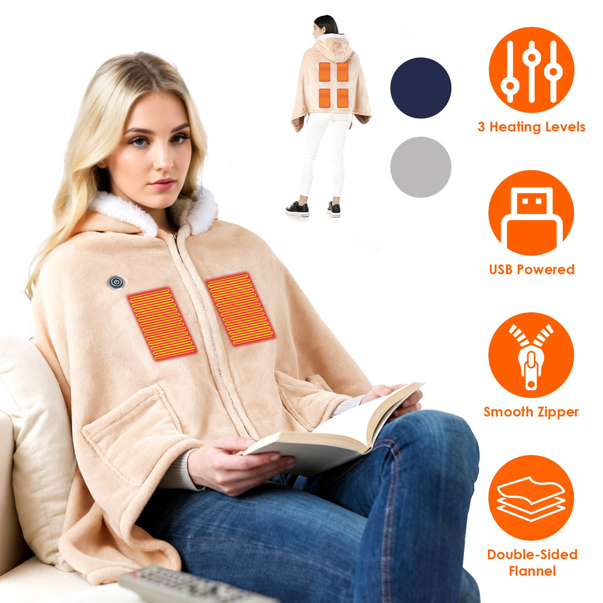 Wearable Heated Throw Blanket - Double-Sided Flannel, 3 Heat Levels, USB Powered
