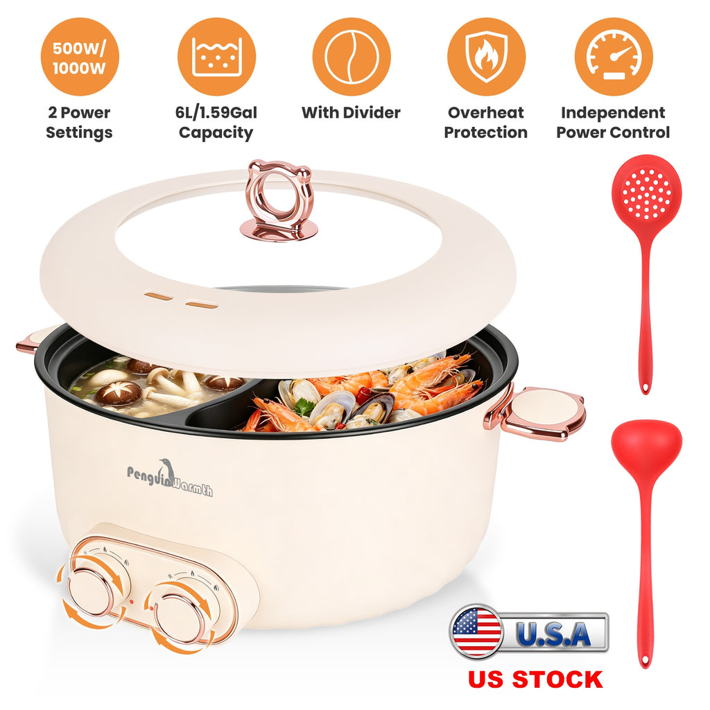 6L Electric Hot Pot with Divider - Dual Independent Control, Stainless Steel