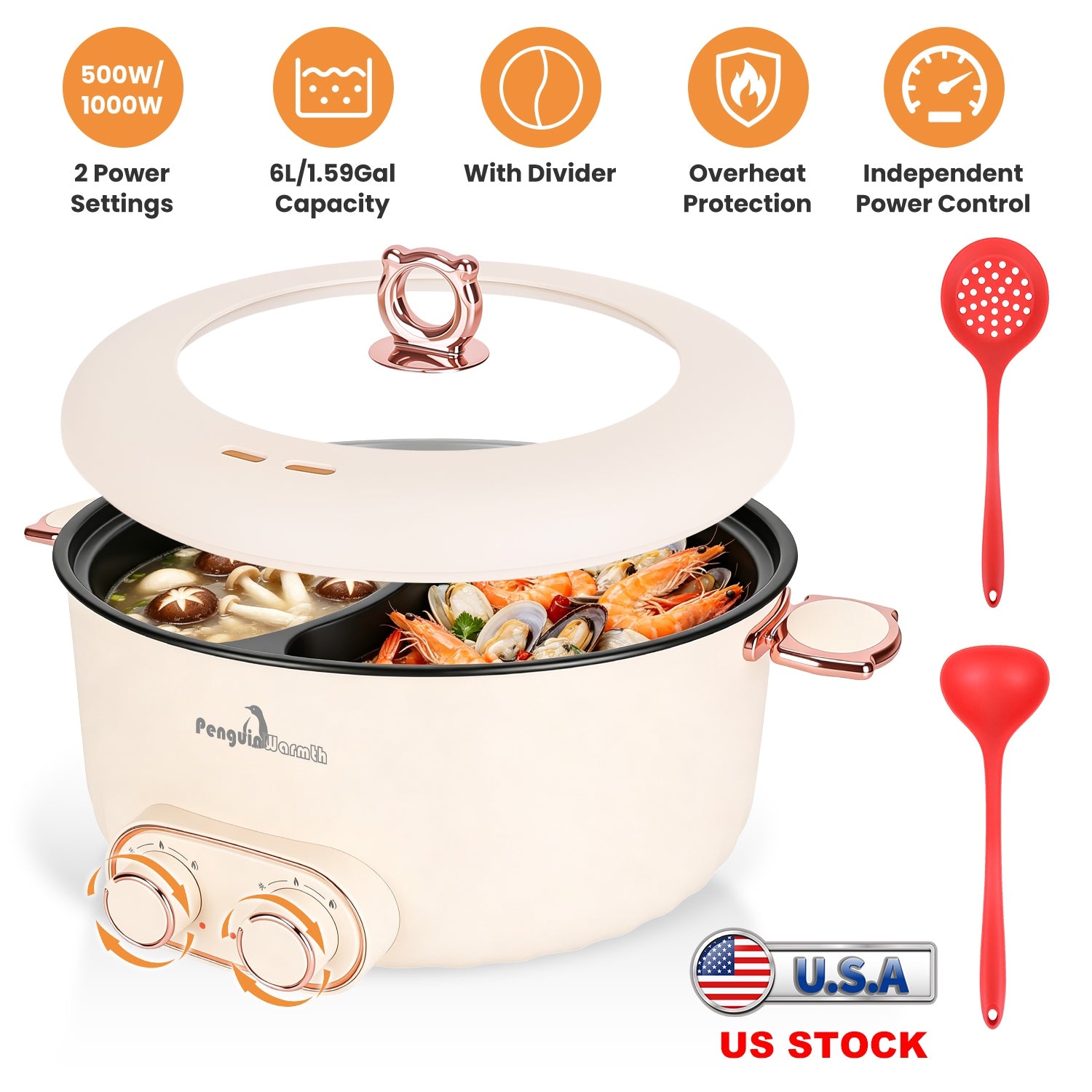 6L Electric Hot Pot with Divider - Dual Independent Control, Stainless Steel