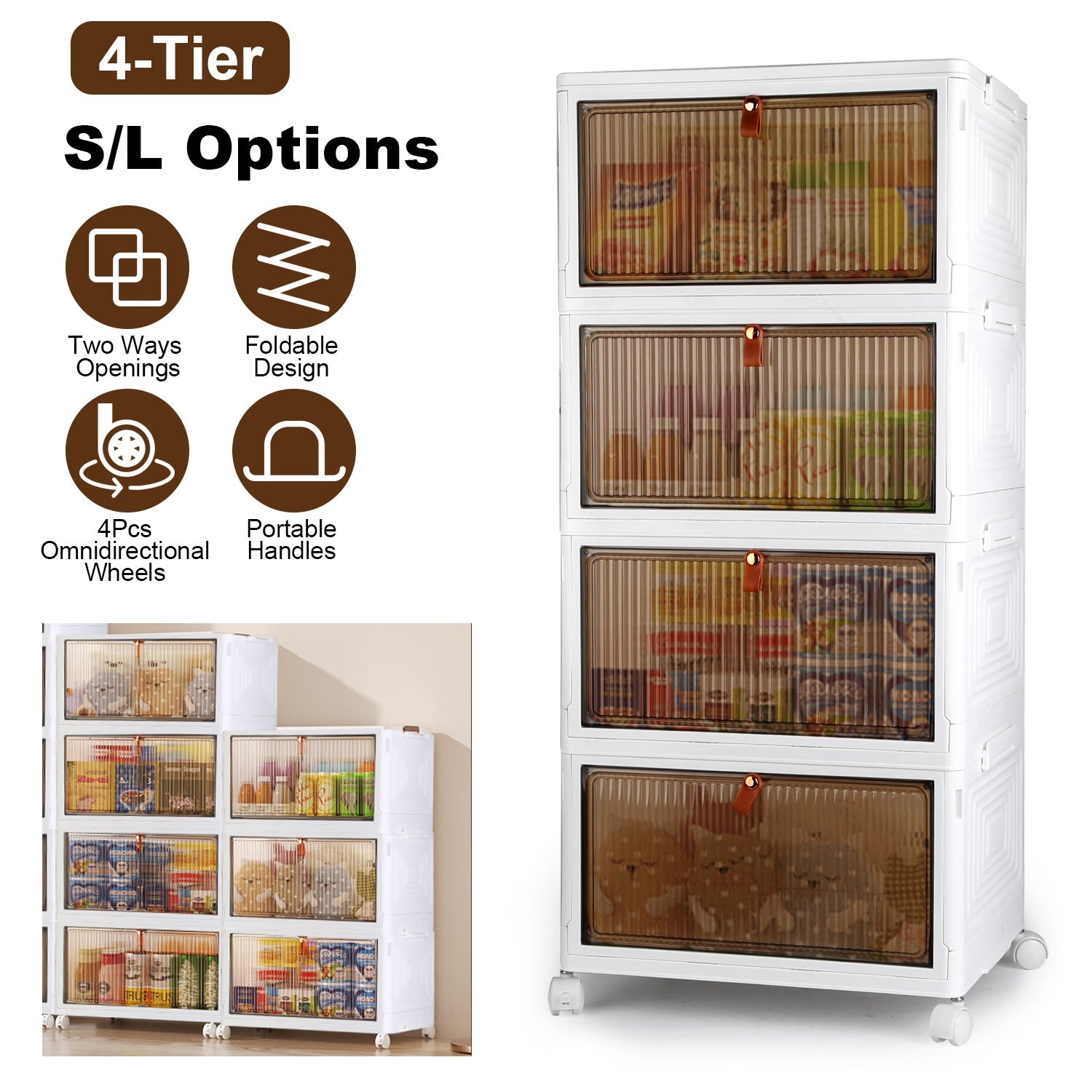 4-Tier Foldable Storage Bins with Magnetic Door - Stackable Closet Organizer on Wheels