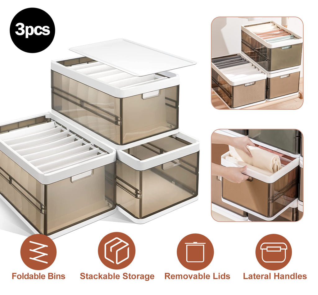 3-Pack Foldable Storage Bins with Lid & Handle - Stackable Closet Organizer