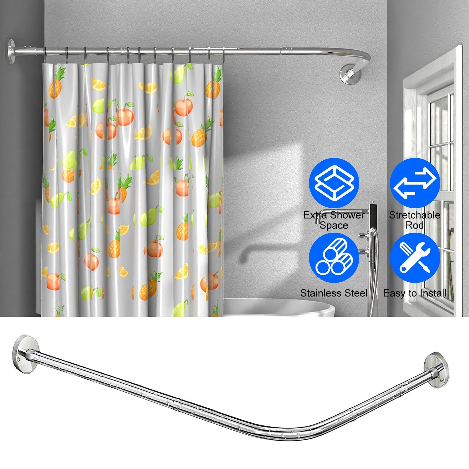 Curved Shower Curtain Rod - Stainless Steel, L-Shaped, Adjustable