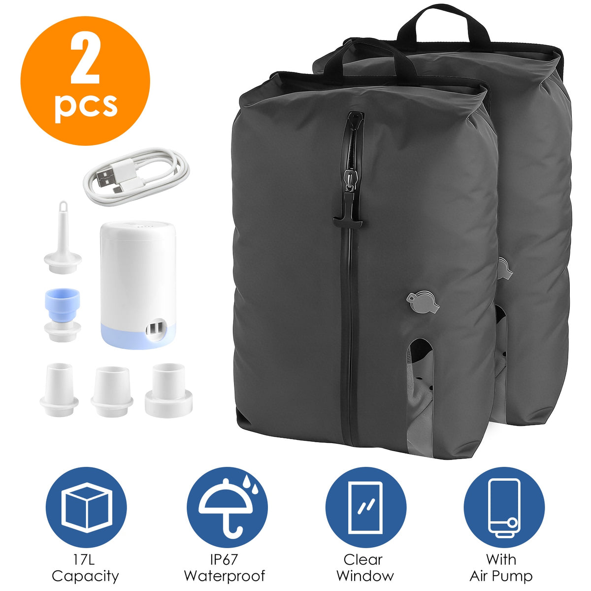 2Pc Vacuum Storage Bags with Electric Pump - Waterproof Travel Space Saver Set