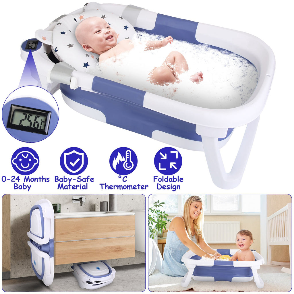 Foldable Baby Bath Tub with Built-In Thermometer - 0-24 Months, Travel-Friendly