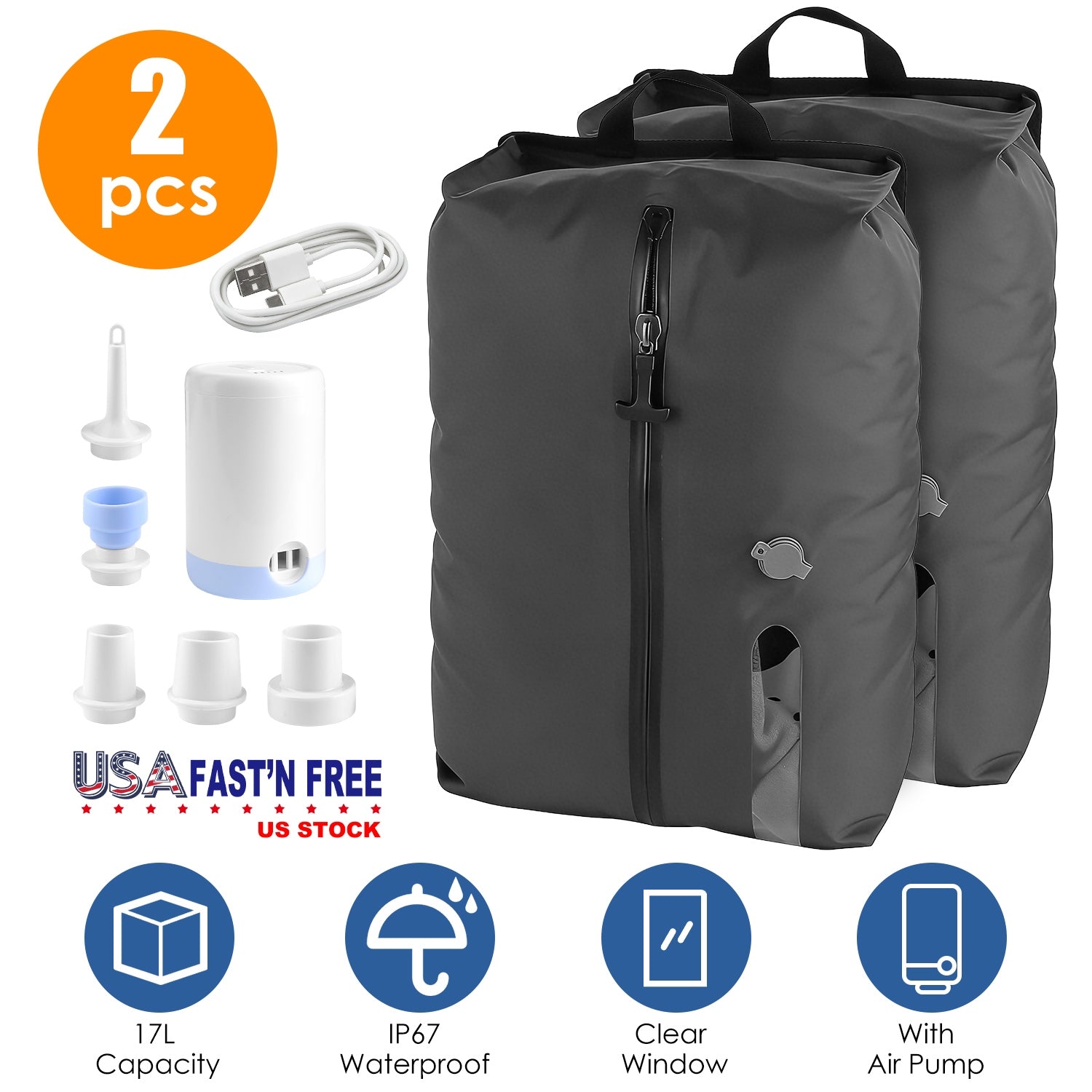2Pc Vacuum Storage Bags with Electric Pump - Waterproof Travel Space Saver Set