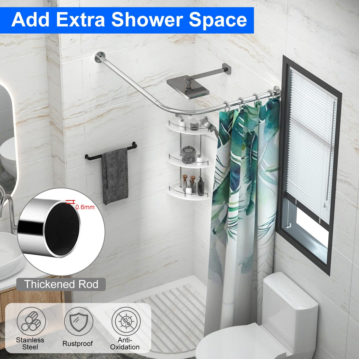Curved Shower Curtain Rod - Stainless Steel, L-Shaped, Adjustable