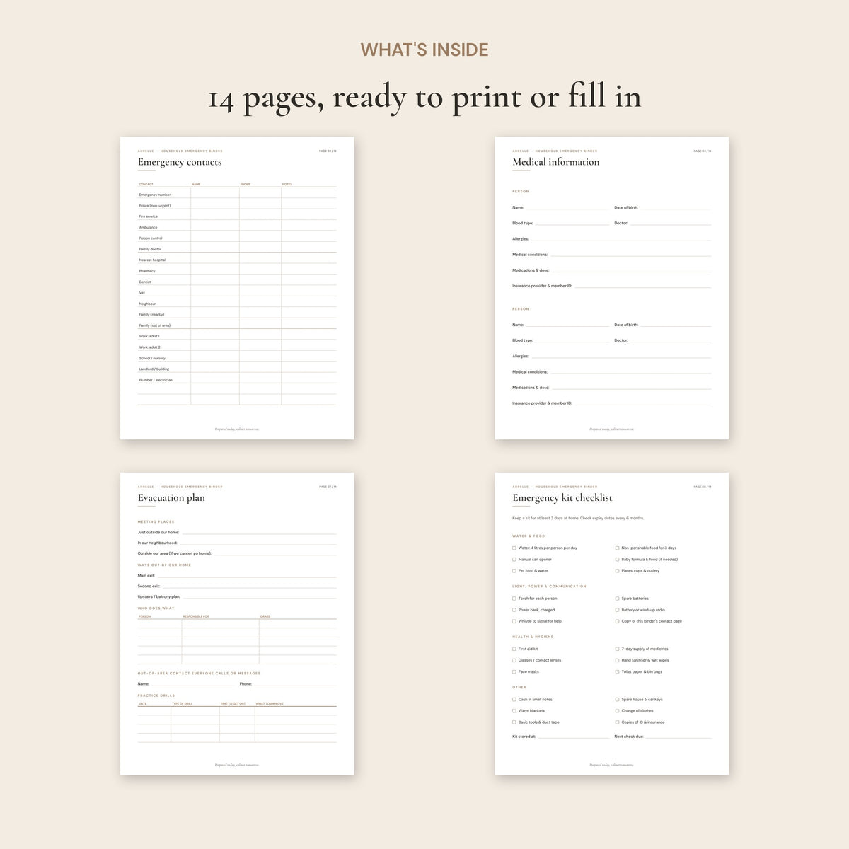 Pages inside the Household Emergency Binder