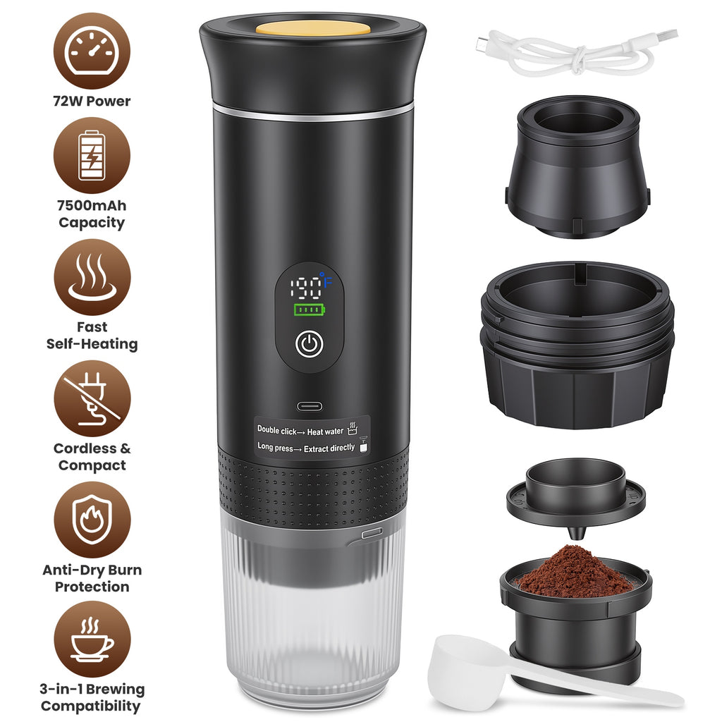 3-in-1 Portable Espresso Machine - Cordless Self-Heating Coffee Maker, 7500mAh Battery