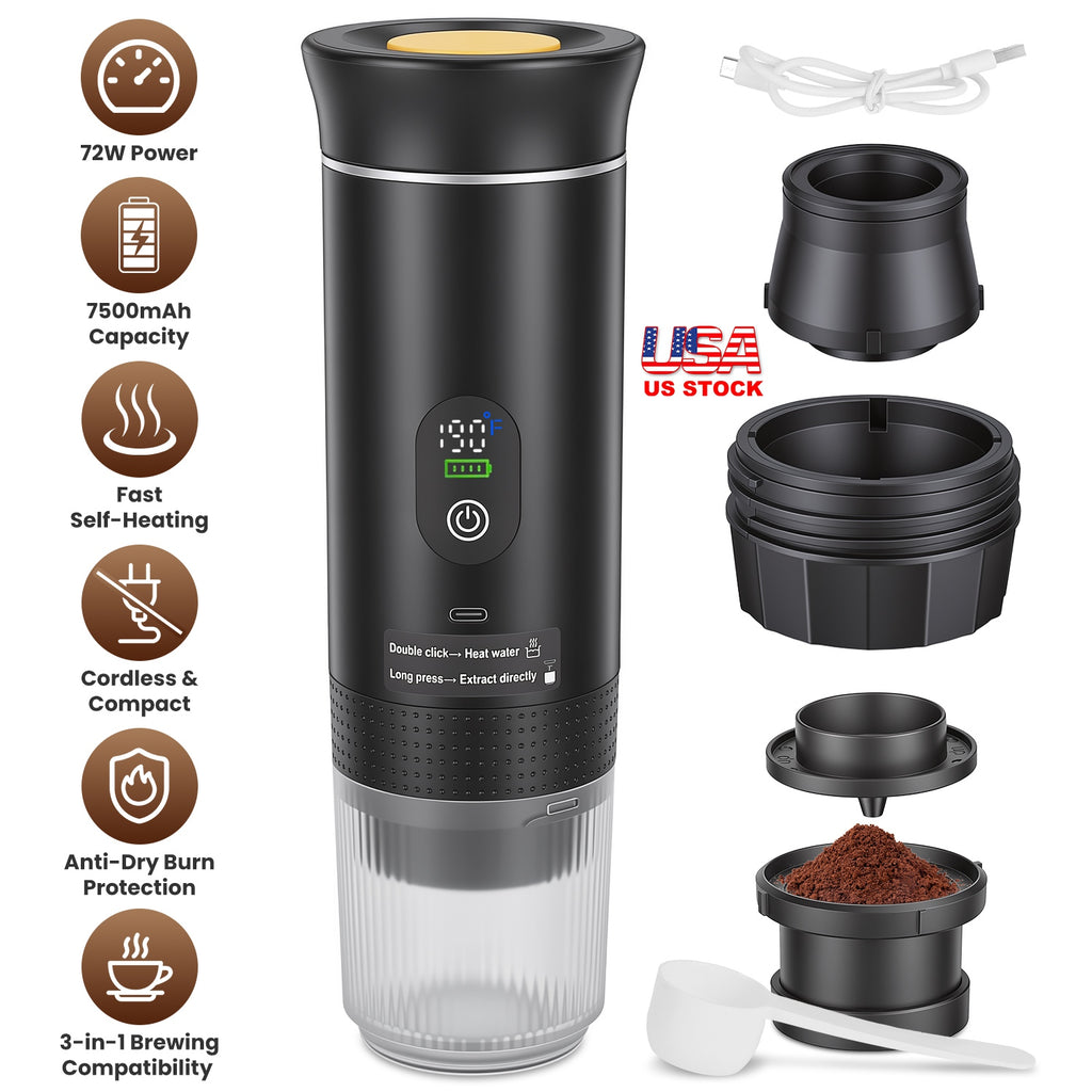 3-in-1 Portable Espresso Machine - Cordless Self-Heating Coffee Maker, 7500mAh Battery