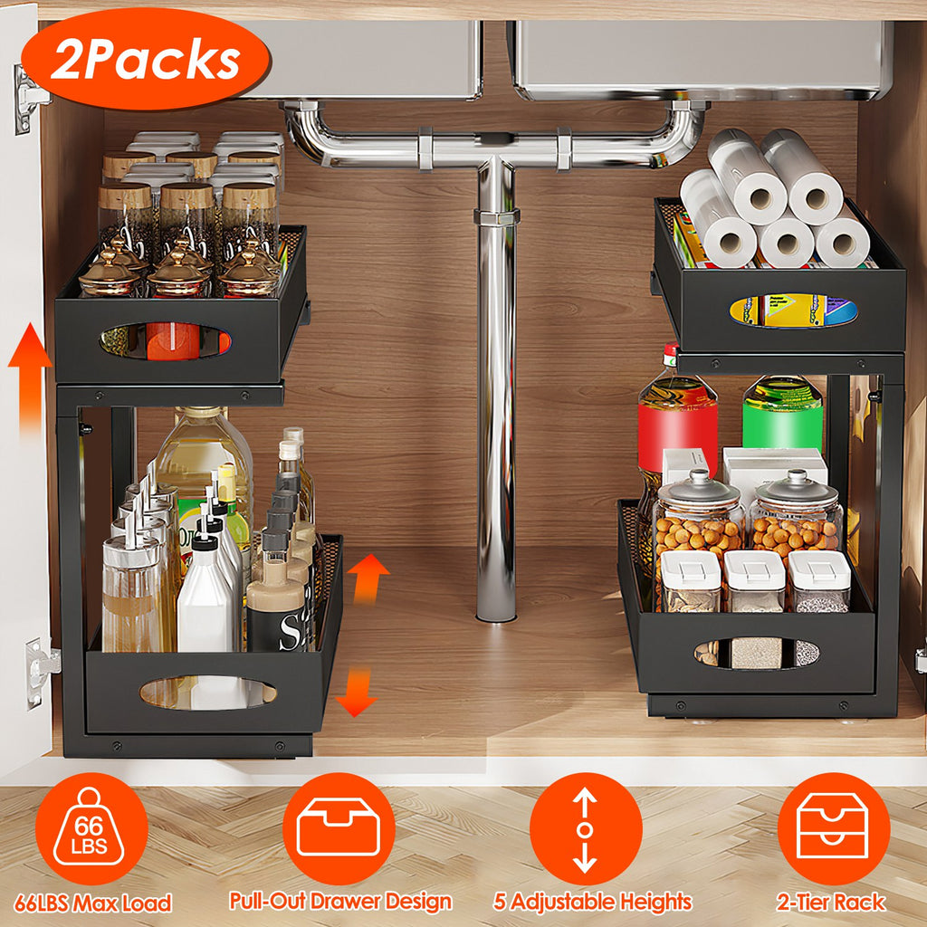 2Pc Pull-Out Under Sink Organizer - Height-Adjustable Sliding Cabinet Baskets