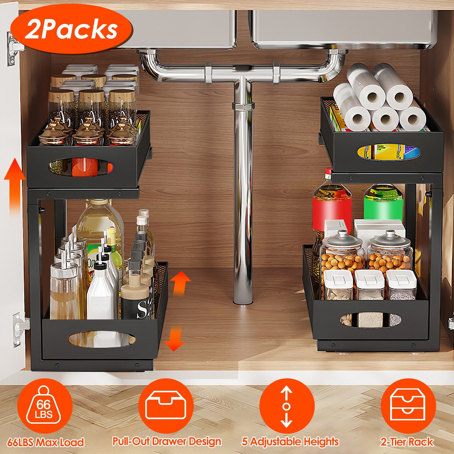 2Pc Pull-Out Under Sink Organizer - Height-Adjustable Sliding Cabinet Baskets