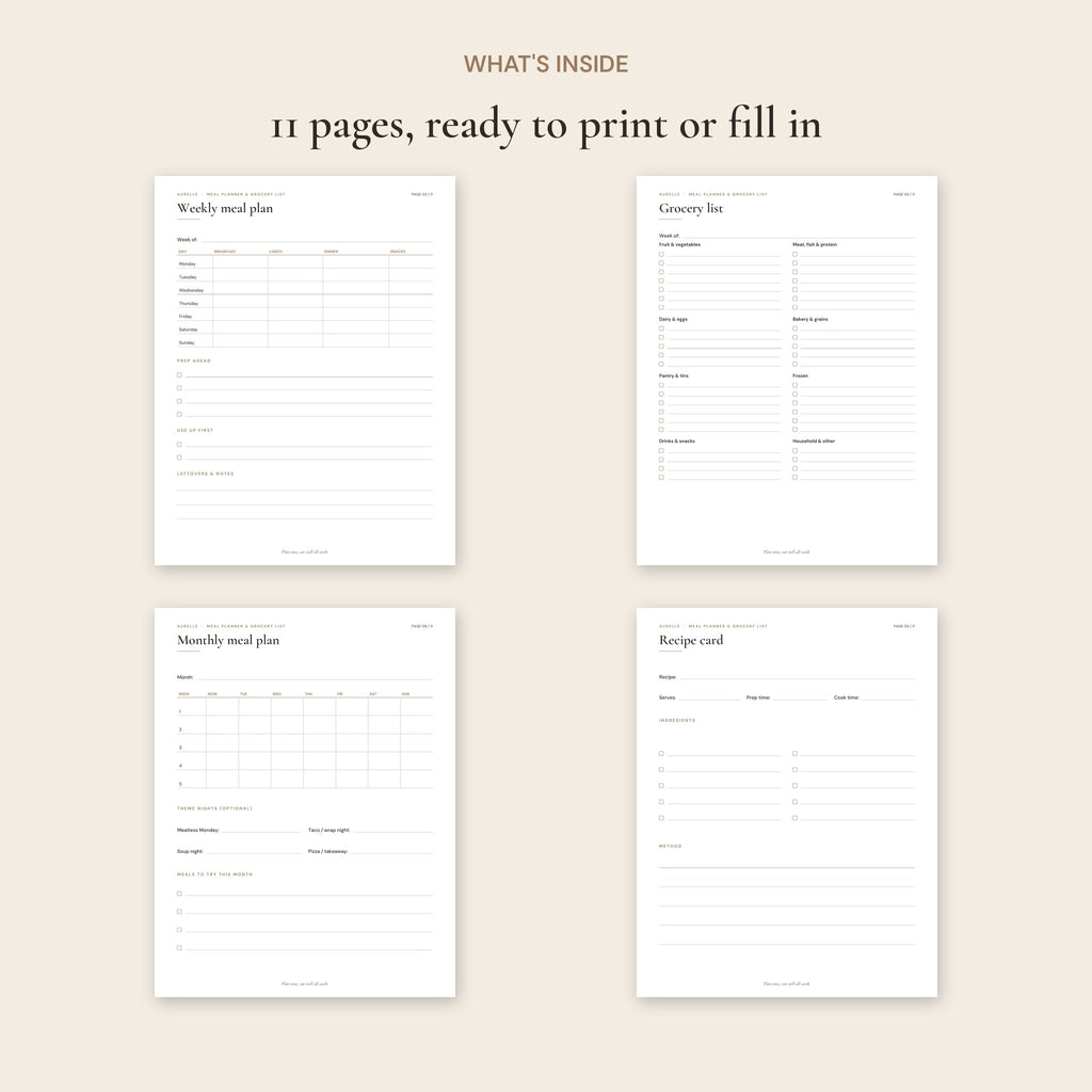 Pages inside the Meal Planner