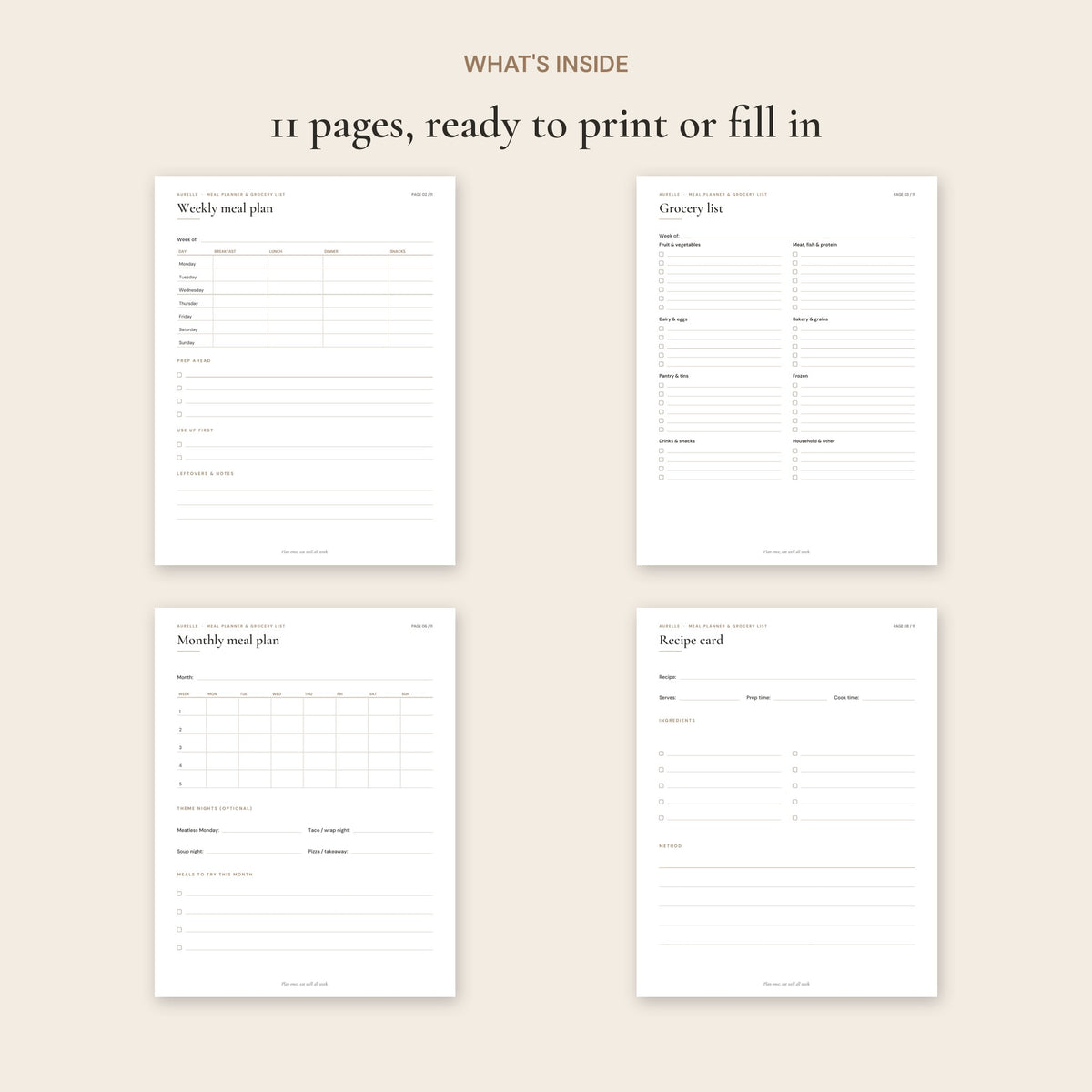 Pages inside the Meal Planner