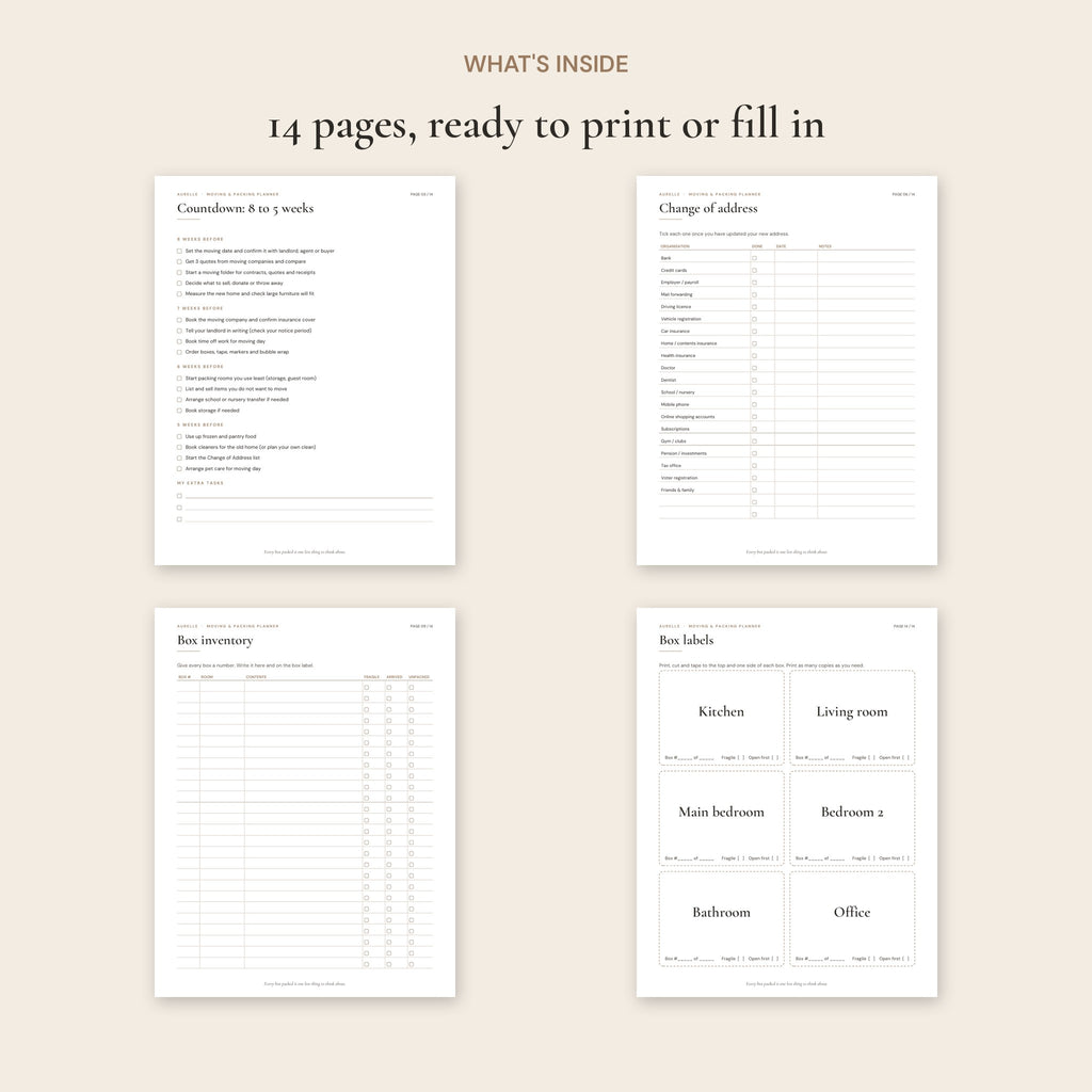 Pages inside the Moving & Packing Planner