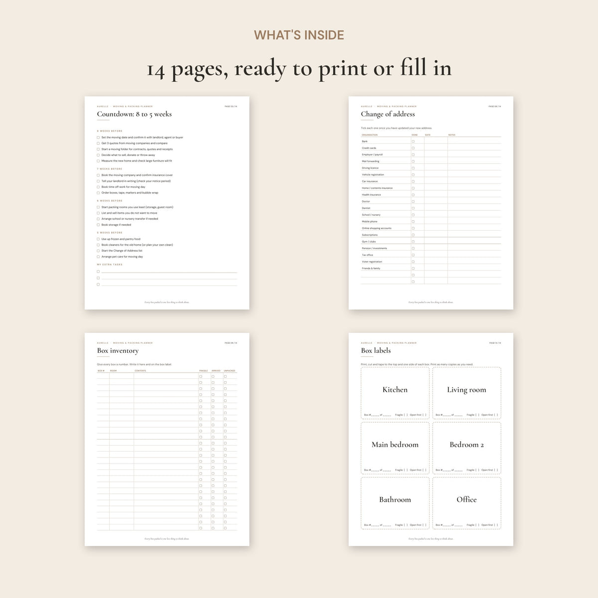 Pages inside the Moving & Packing Planner