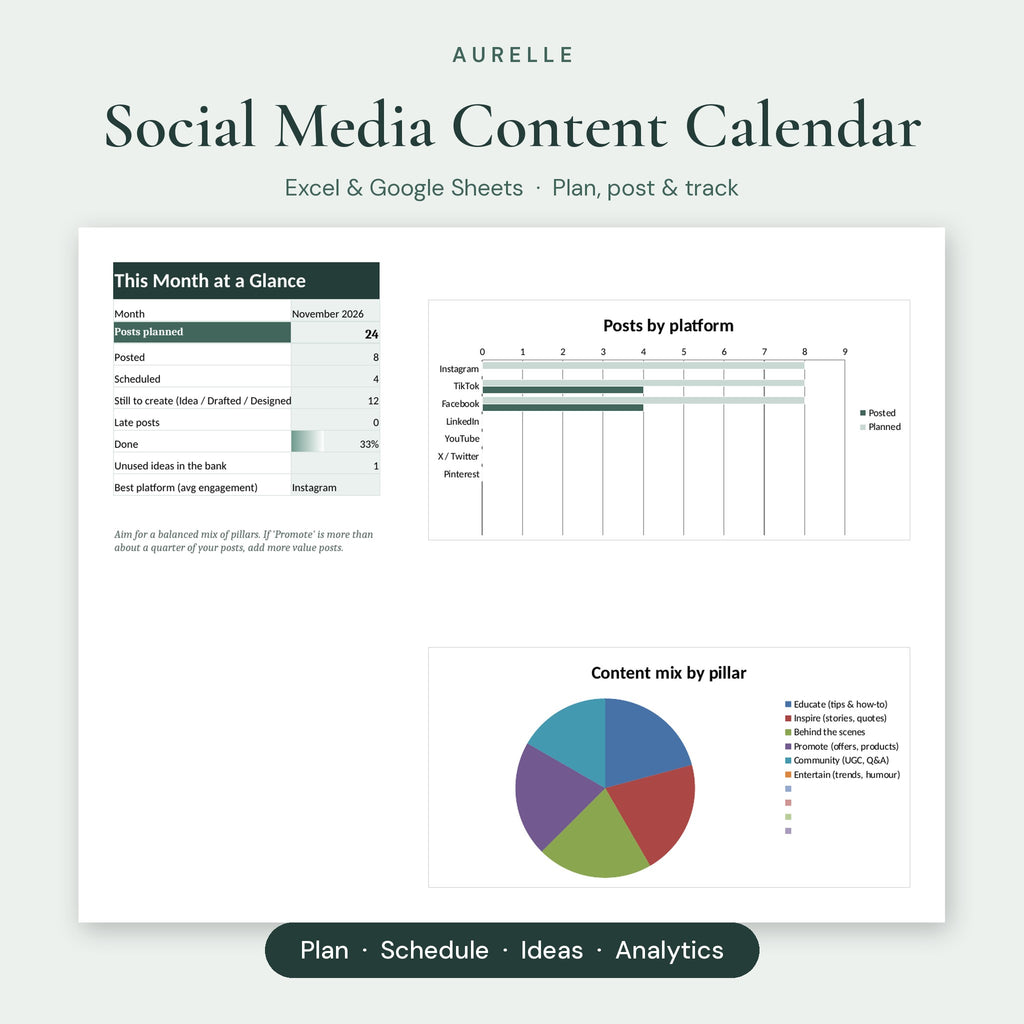 Aurelle Social Media Content Calendar dashboard